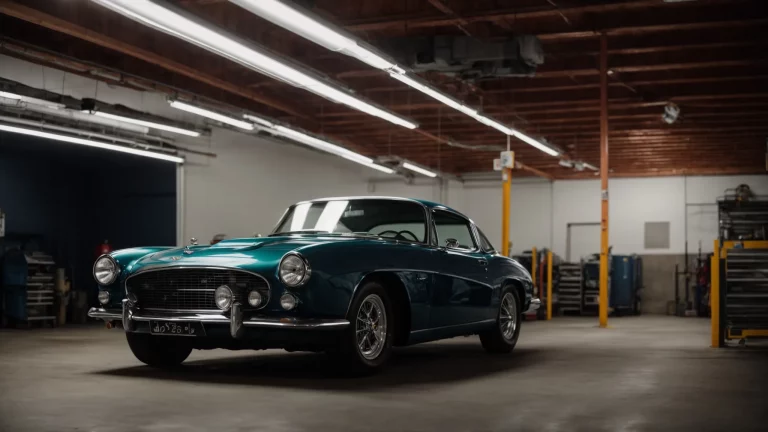 a car parked inside an auto garage with a newly installed, clear tempered glass windshield gleams under the bright garage lights.
