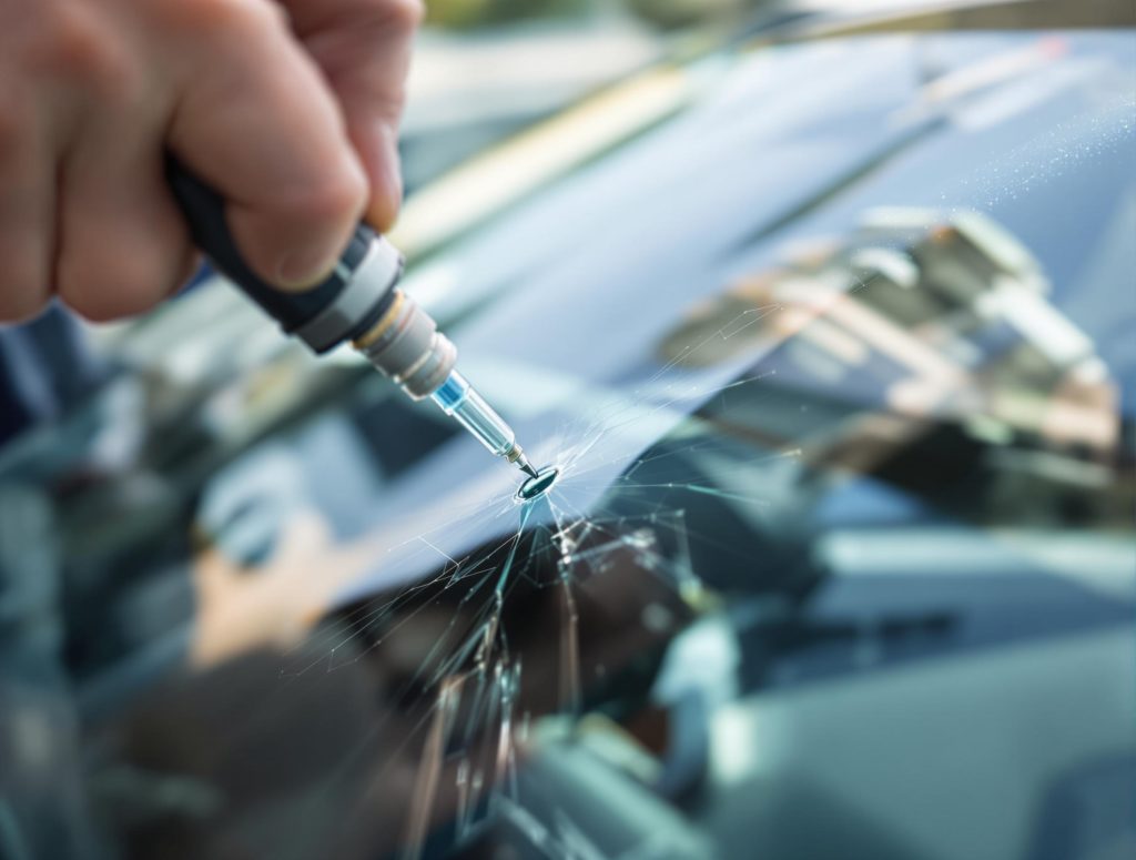 a professional auto glass technician repairing a small rock chip in a windshield using a resin injection tool.
