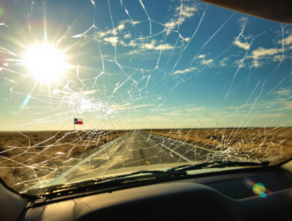 a car windshield with visible cracks and stress fractures, intensified by the harsh Texas summer.