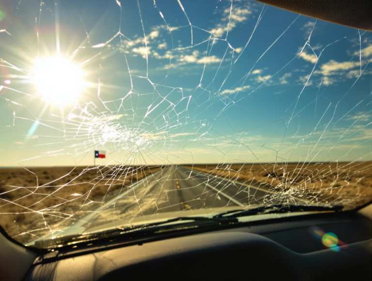 a car windshield with visible cracks and stress fractures, intensified by the harsh Texas summer.