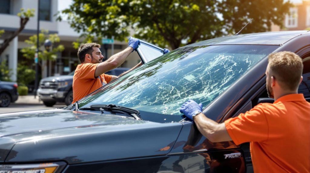 A vehicle on a street in Dallas, mid-windshield replacement process.
