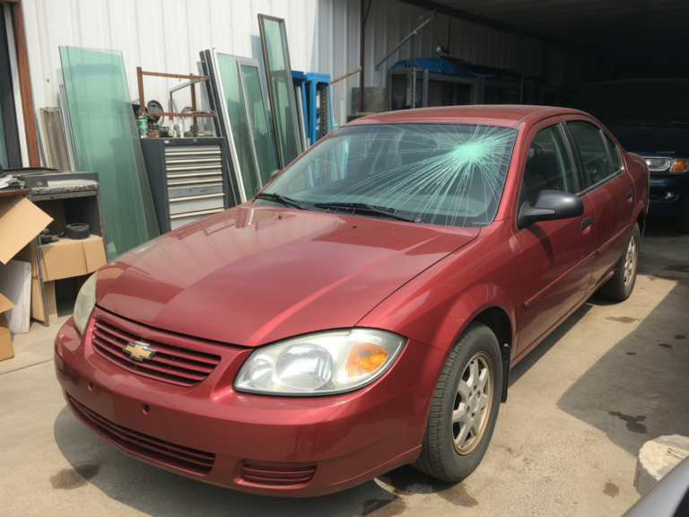 2010s model car parked inside a slightly worn but clean auto glass shop.