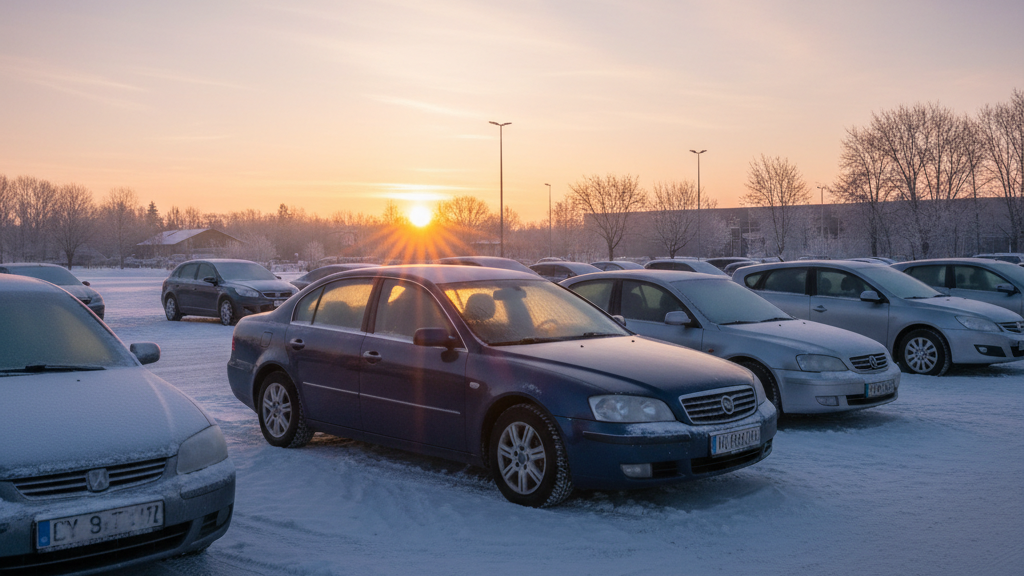 Snow-covered parking lot with one car’s windshield cleared and shining through frost.