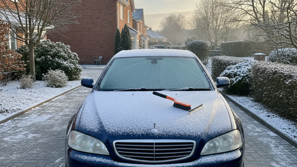 "Car with a light layer of snow on the windshield and an ice scraper on the hood