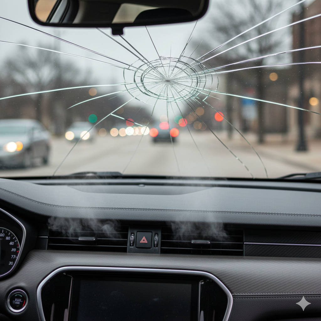 a cracked windshield caused by heater fan heat stress inside a car.