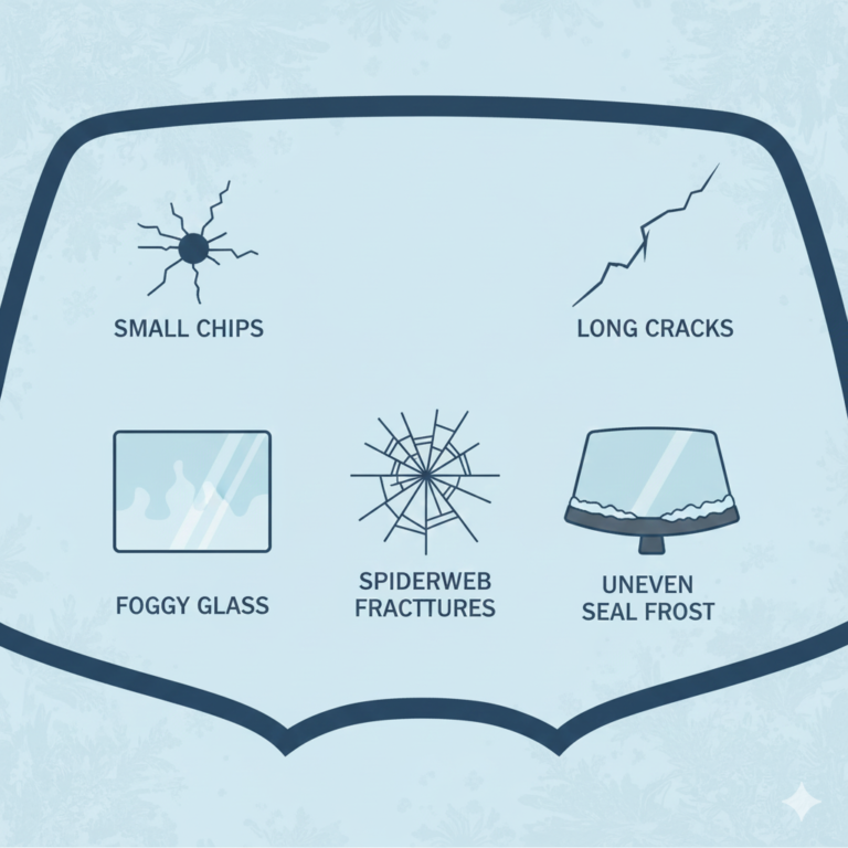 Illustration of five common windshield damage signs after winter freeze: chips, cracks, spiderweb fractures, fog, and seal issues.