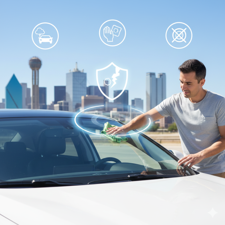 Car windshield with cracks and chips after a freeze, showing winter weather damage on a Dallas street.