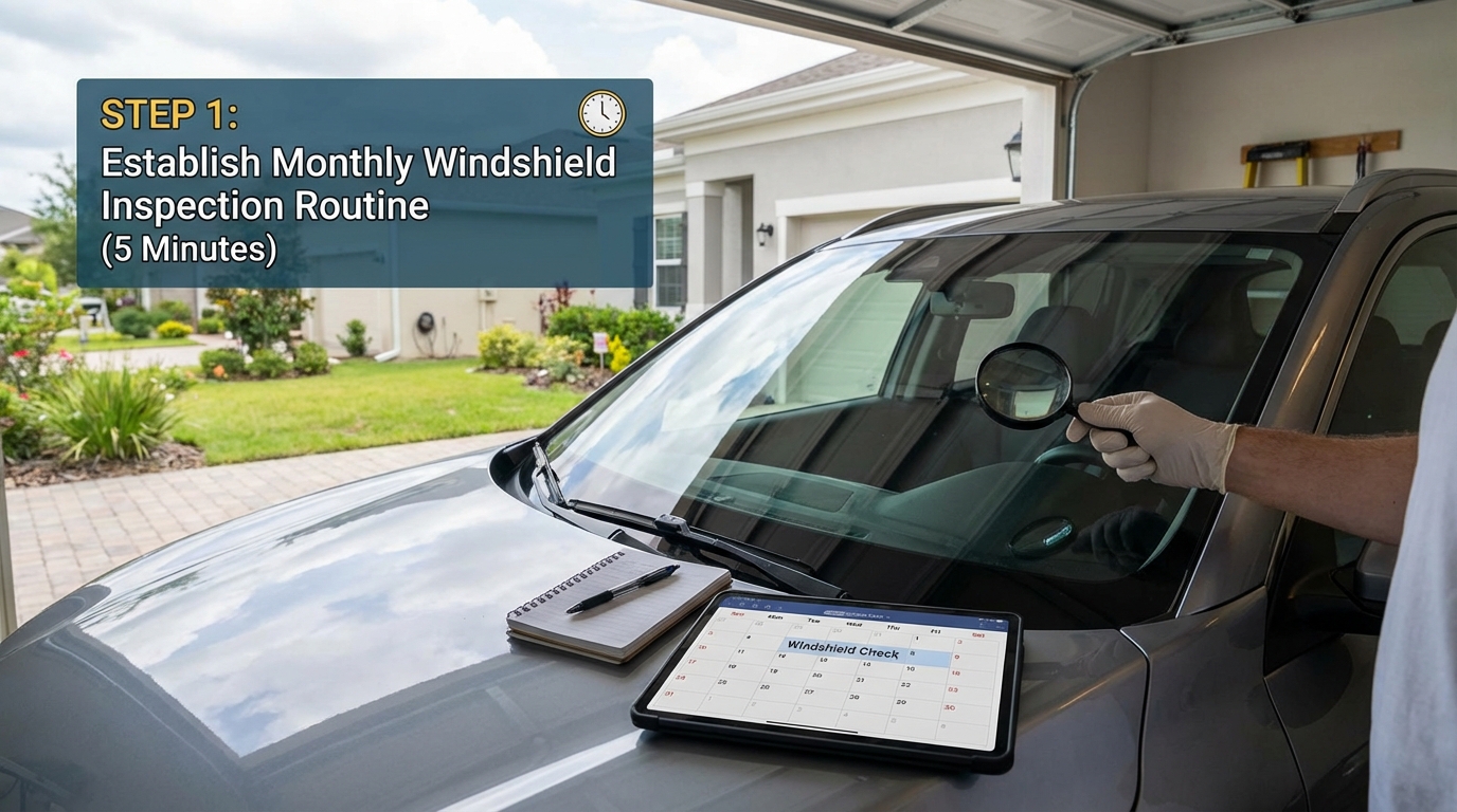 Windshield inspection routine: check for cracks, chips (5 min maintenance). Auto glass care.