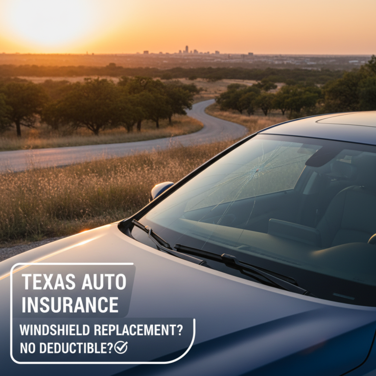 Car with cracked windshield on Texas road at sunset