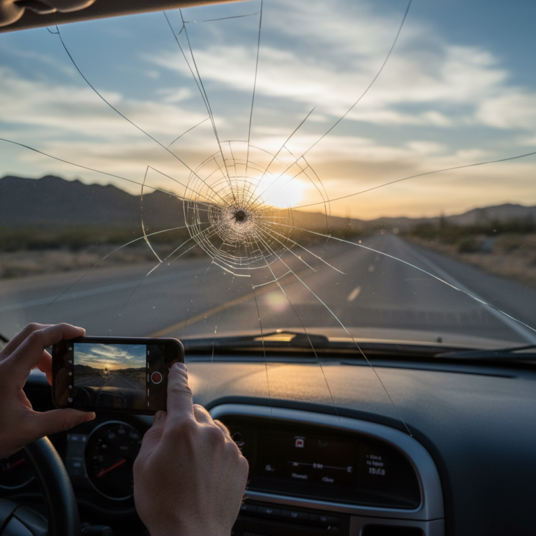 Cracked windshield with hands holding phone inside car