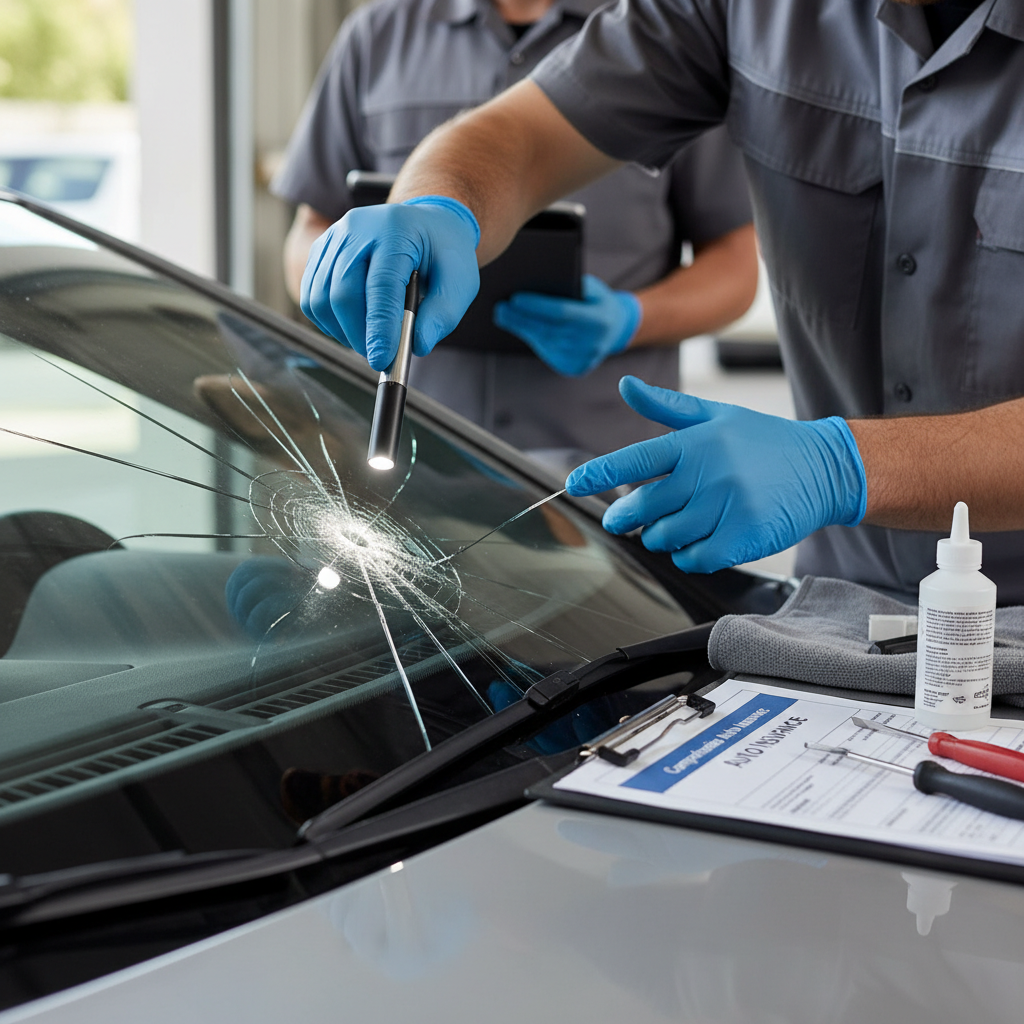 Auto technician repairing cracked car windshield with professional tools