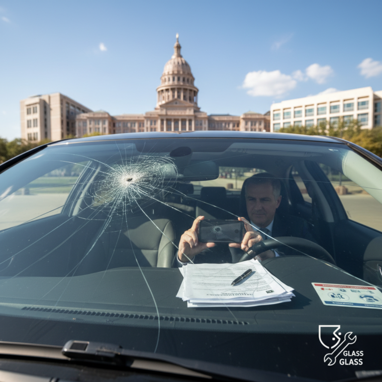 Car with cracked windshield near Texas State Capitol building