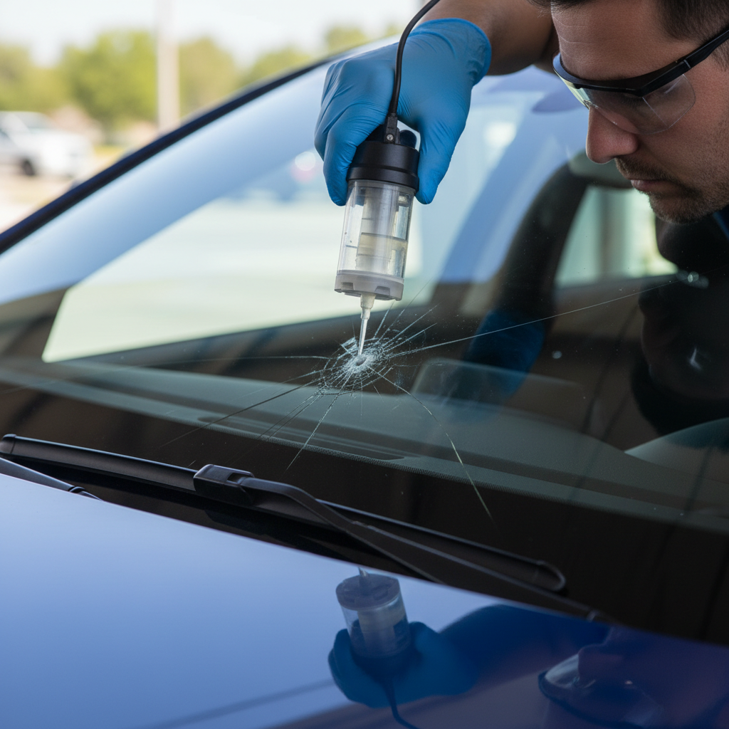 Technician repairing cracked car windshield with injection tool
