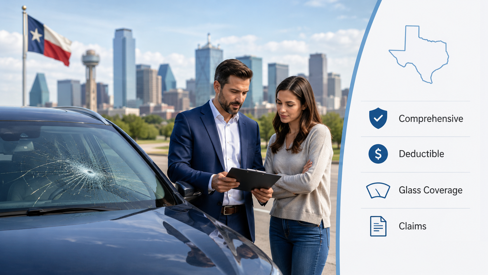 Insurance agent with client examining car damage Dallas skyline