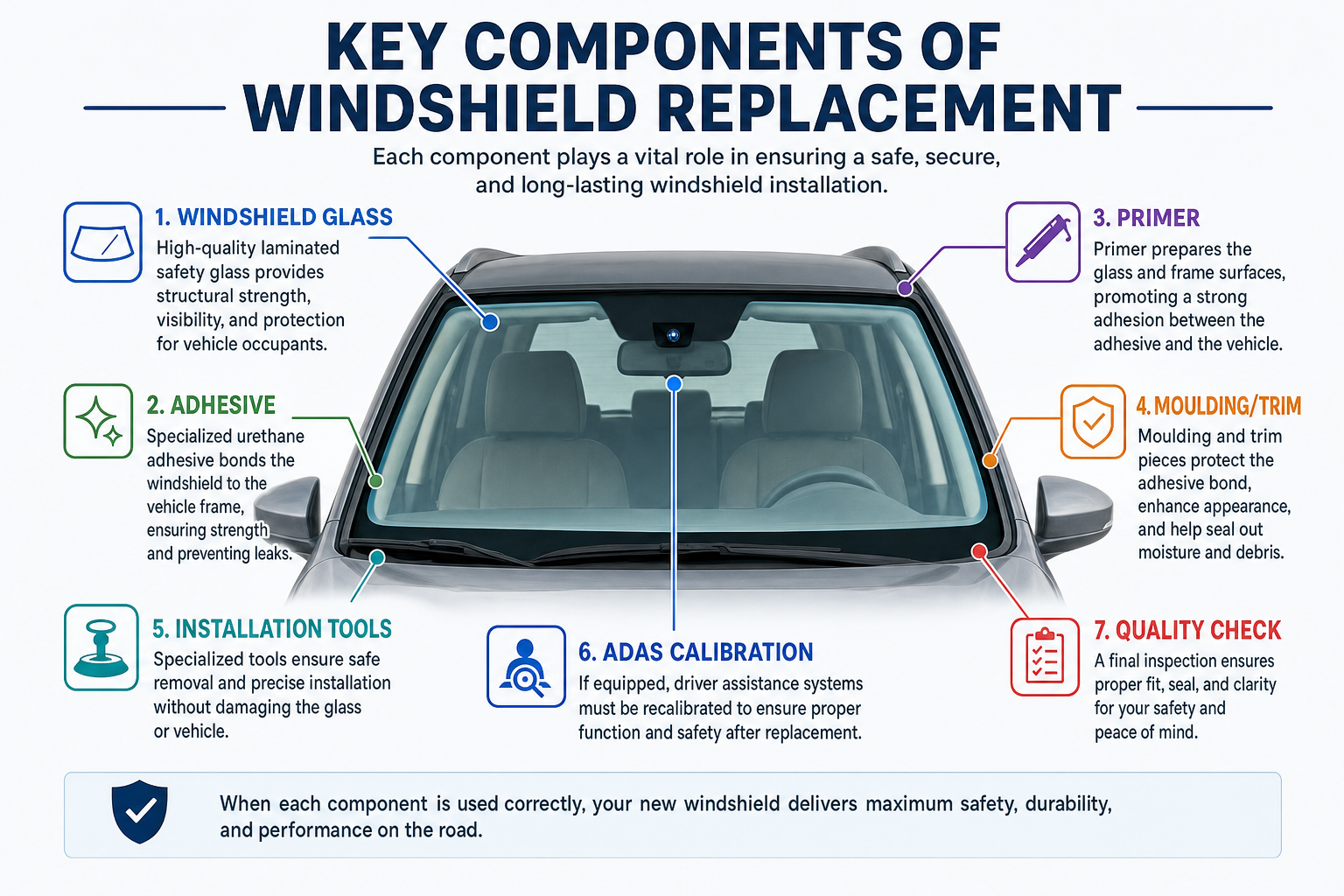 Key components of windshield replacement infographic diagram