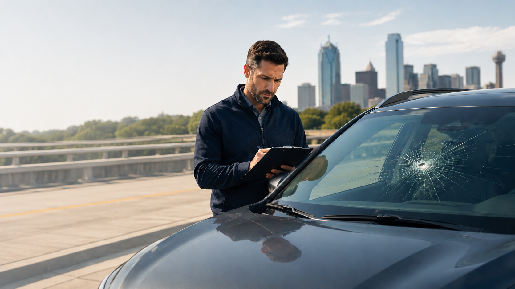 Insurance adjuster documenting car accident with cracked windshield