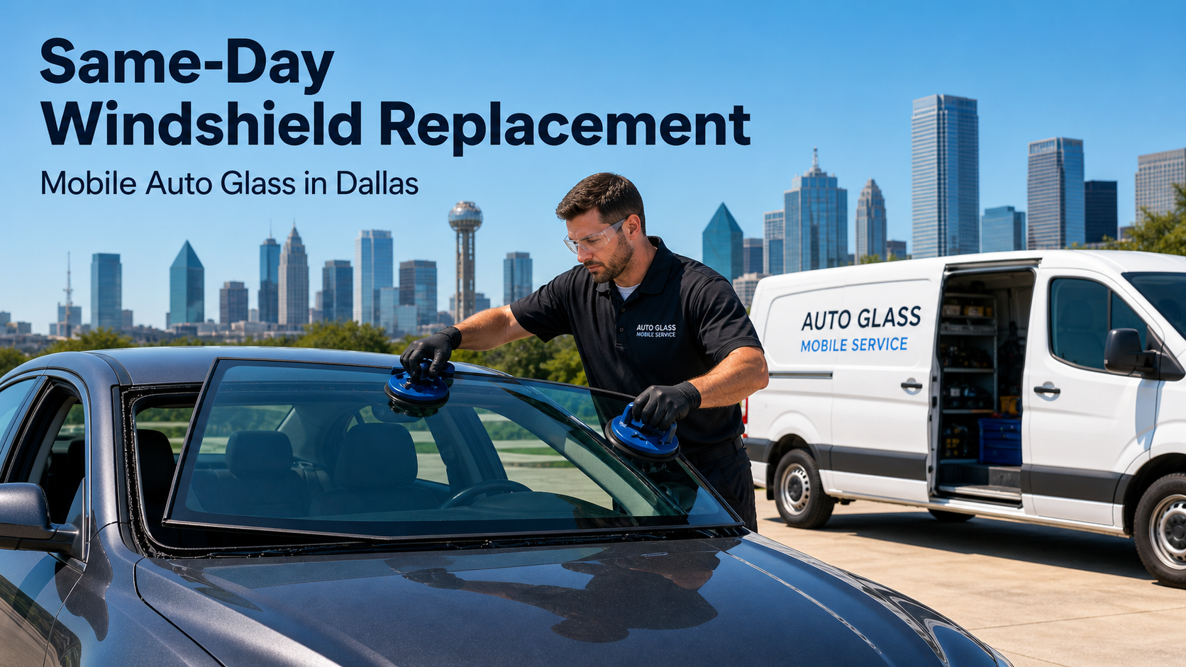 Mobile auto glass technician replacing windshield in Dallas