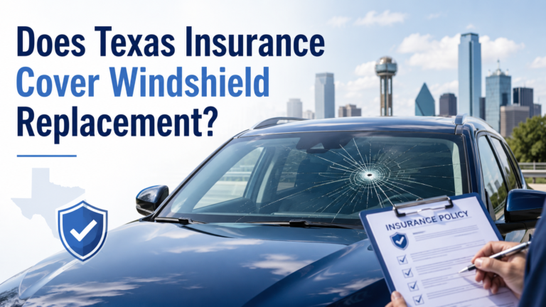 Car with cracked windshield and Texas insurance policy document
