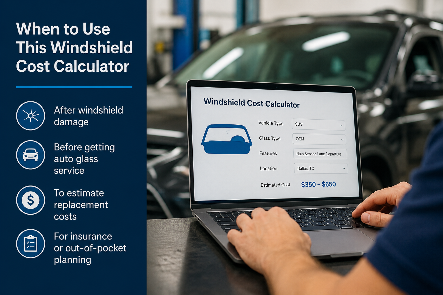 Windshield cost calculator tool on laptop in auto shop