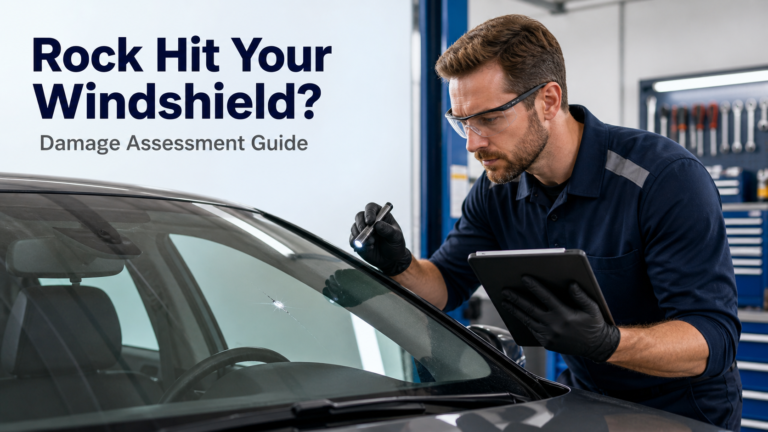Mechanic assessing windshield rock chip damage with tablet