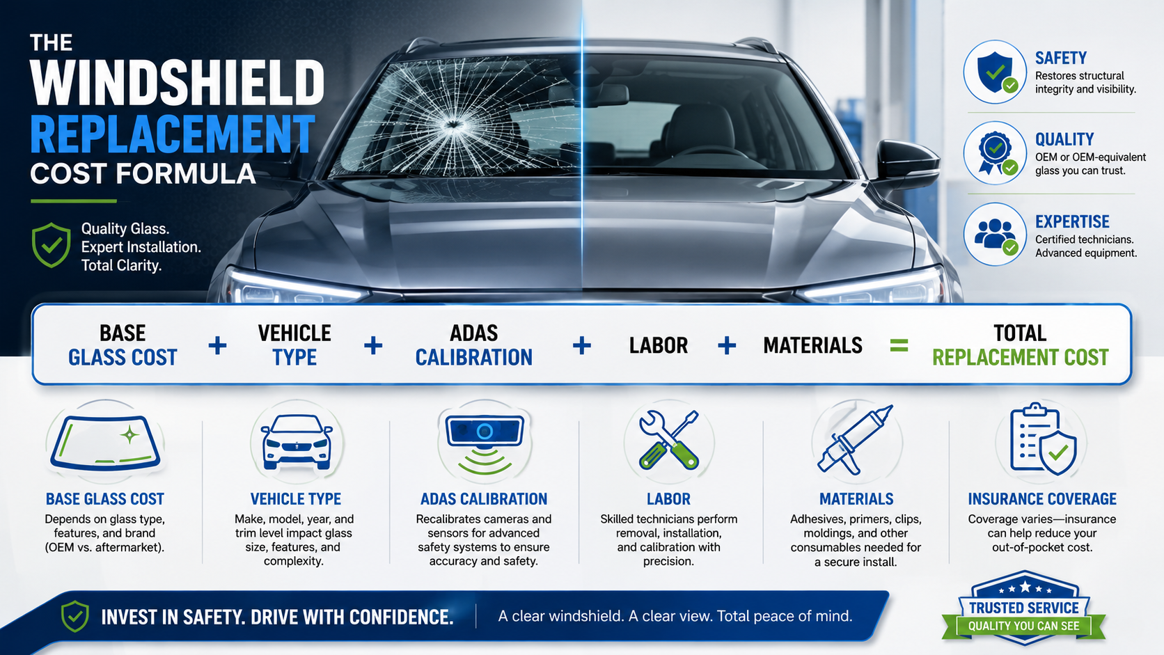 Windshield replacement cost formula infographic with damaged car