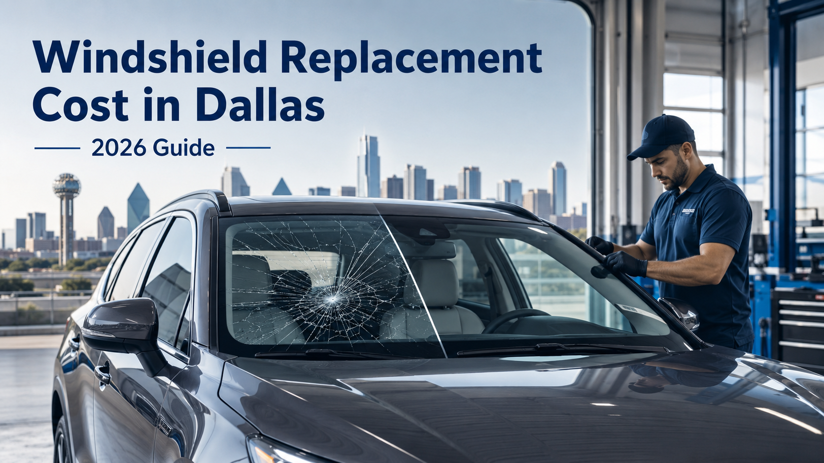 Technician replacing cracked windshield with Dallas skyline background