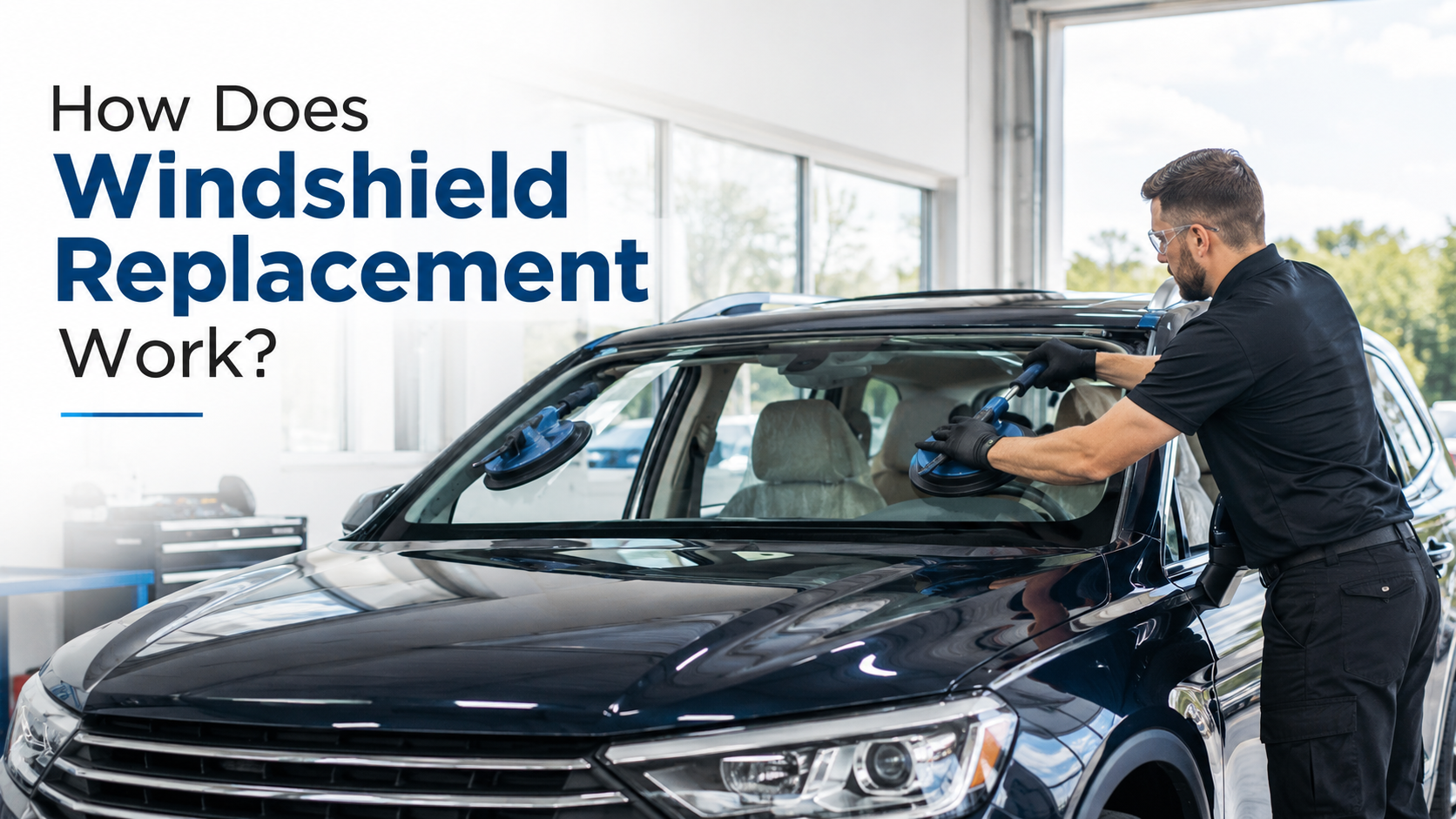 Technician installing new windshield in auto repair shop