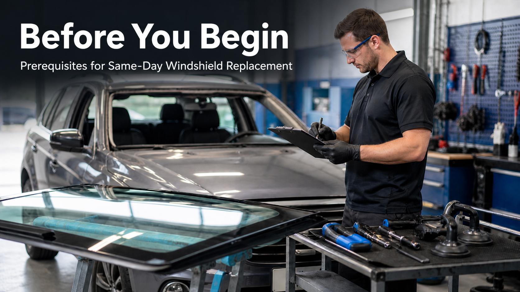 Auto technician preparing for same-day windshield replacement service