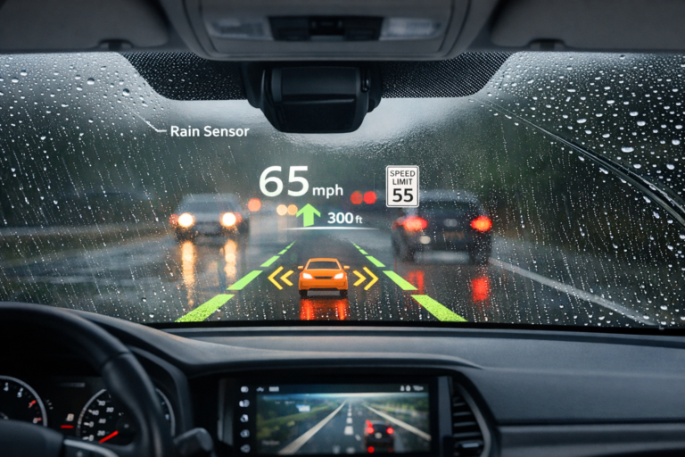 Professional illustration of Do Cars With Rain Sensors, HUD, or Lane-Assist Need a Special Windshield?