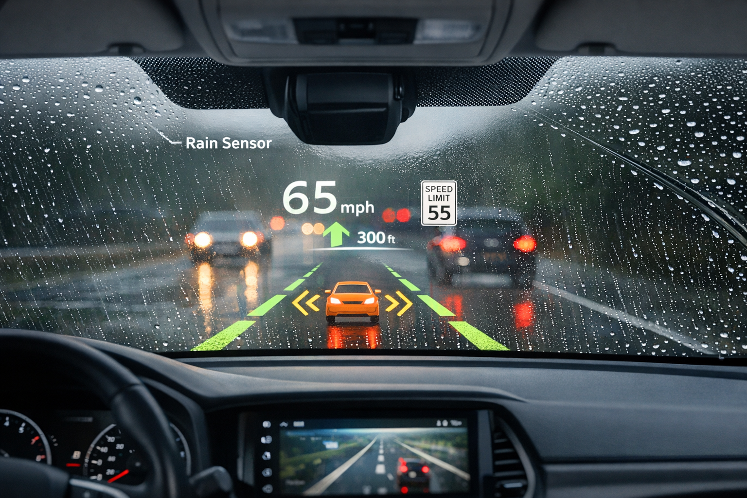 Professional illustration of Do Cars With Rain Sensors, HUD, or Lane-Assist Need a Special Windshield?