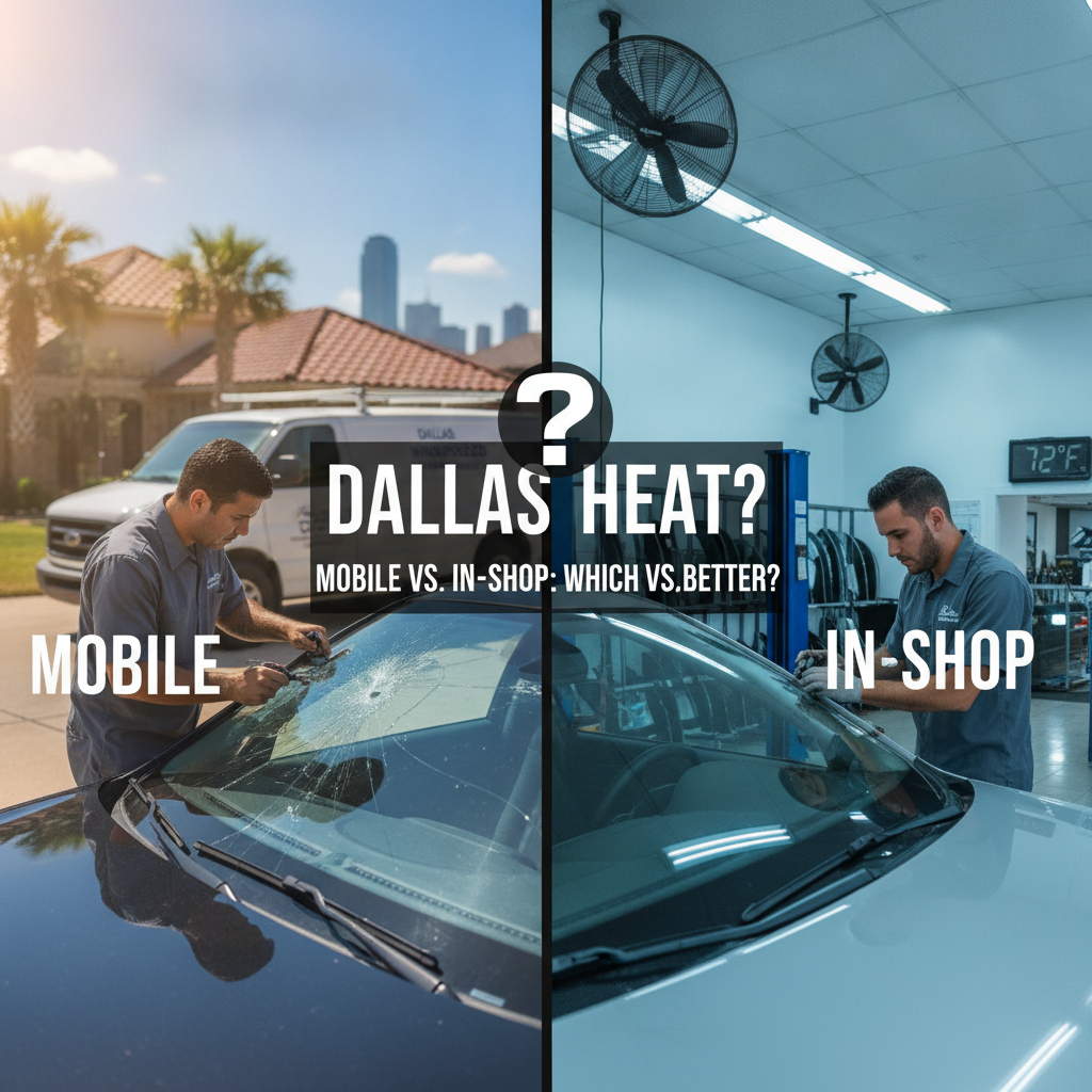 Professional illustration of Mobile Windshield Replacement vs. In-Shop: Which Is Better in the Dallas Heat?