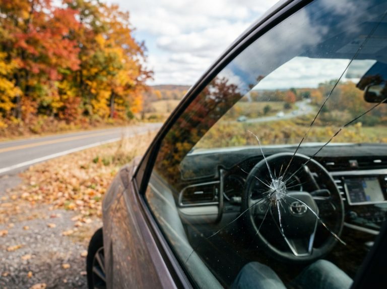 Car windshield chip spreading into a crack during cold fall weather with autumn leaves on the glass.