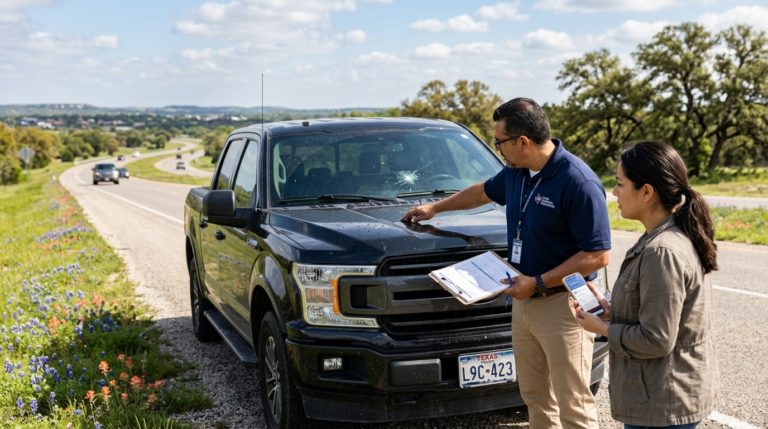 Texas driver filing an auto insurance claim on mobile phone for cracked windshield repair