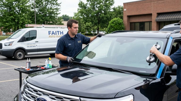 Technician installing new car windshield using adhesive tools during same-day mobile auto glass replacement.