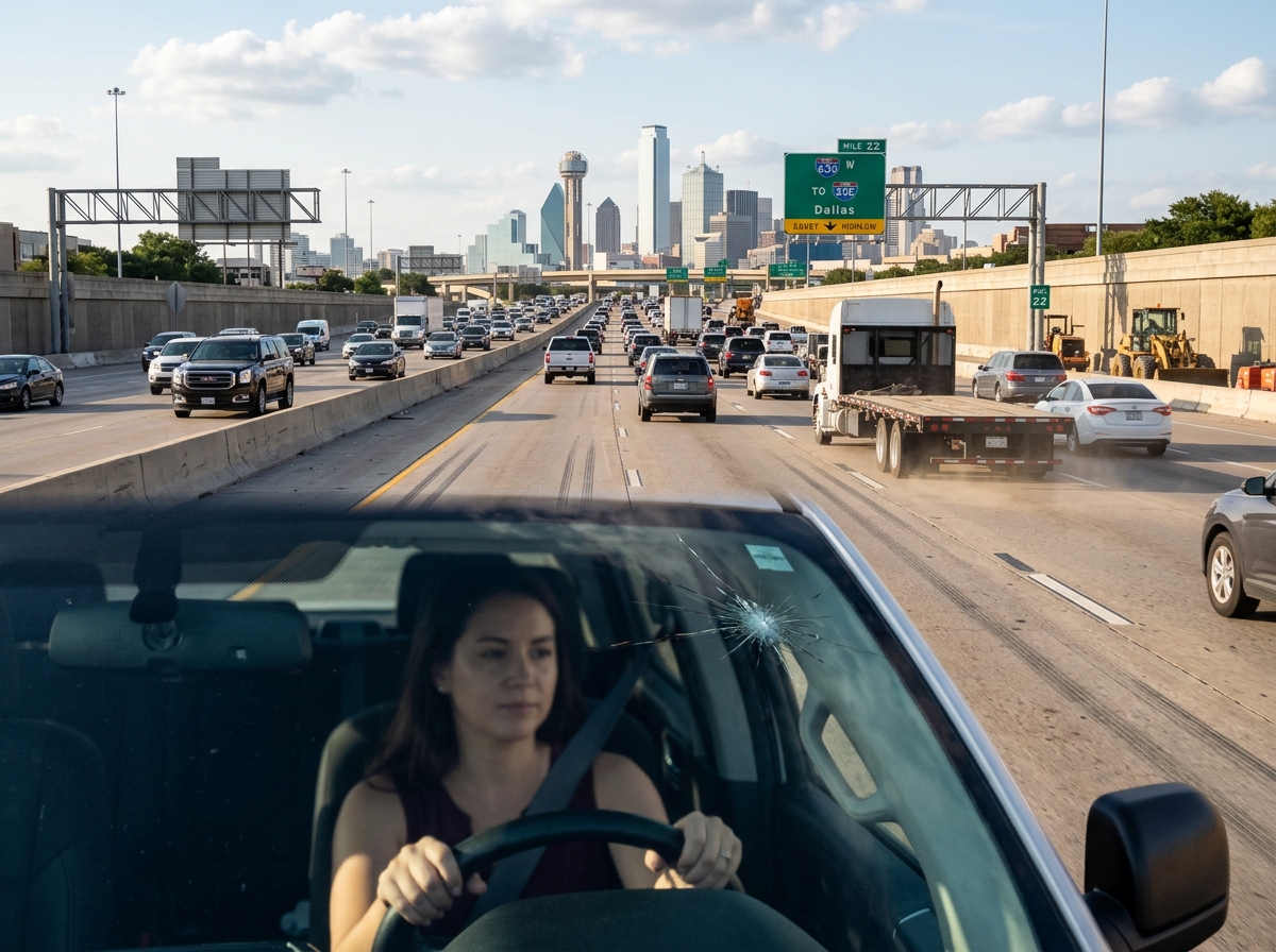 Close-up of a chipped car windshield caused by highway rock debris on Dallas I-35 and 635.